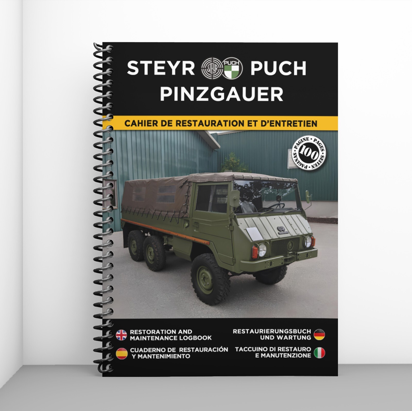 Cahier de restauration Steyr Puch Pinzgauer relié en similicuir pour collectionneur