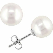 8 mm Genuine White Pearl Stud Push Back Stud Earrings 14k White Gold