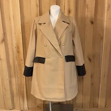 H Halston Camel & Black Faux Leather Trim Double Breasted Women’s Plus Size Coat