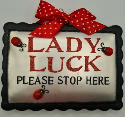 Lady Luck Please Stop Here Lady Bug Square Ornament 5x3'' Glass Vintage Inspired
