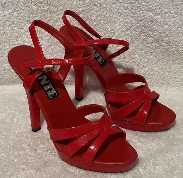 Sapatos SEXY Jante plataforma de couro envernizado vermelho 5” salto alto biqueira aberta tamanho 7 LEIA - Imagem 2 de 4