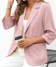 ELLEVEN Women's Linen Blazer 3/4 Ruched Sleeves, Lightweight Slim Fit Jacket M