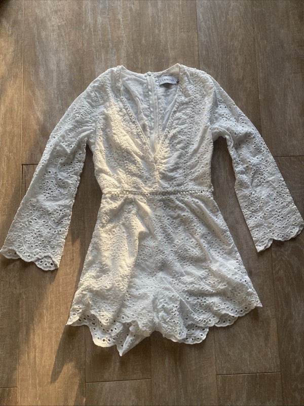 Revolve Lioness Crochet Eyelet Lace White Bell Sleeve Romper Playsuit XS