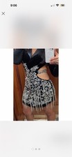 Women  s Black Long Sleeve Rhinestone Fringe Cutout Dance Dress Costume