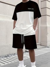 Men's summer sports T-shirt and shorts set, crew neck, regular fit, solid color