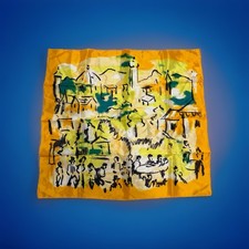 Vintage 100 Acetate Scarf Yellow Green Black White Artistic Print Made in Japan