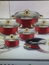 Red 12pcs Stainless Steel Cookware Set Non-stick Frying Pan Saucepan Stew Pot US
