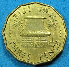 Fiji 3 Pence (Three Pence) Coin 1961, Native Hut & Palms, Combined Shipping