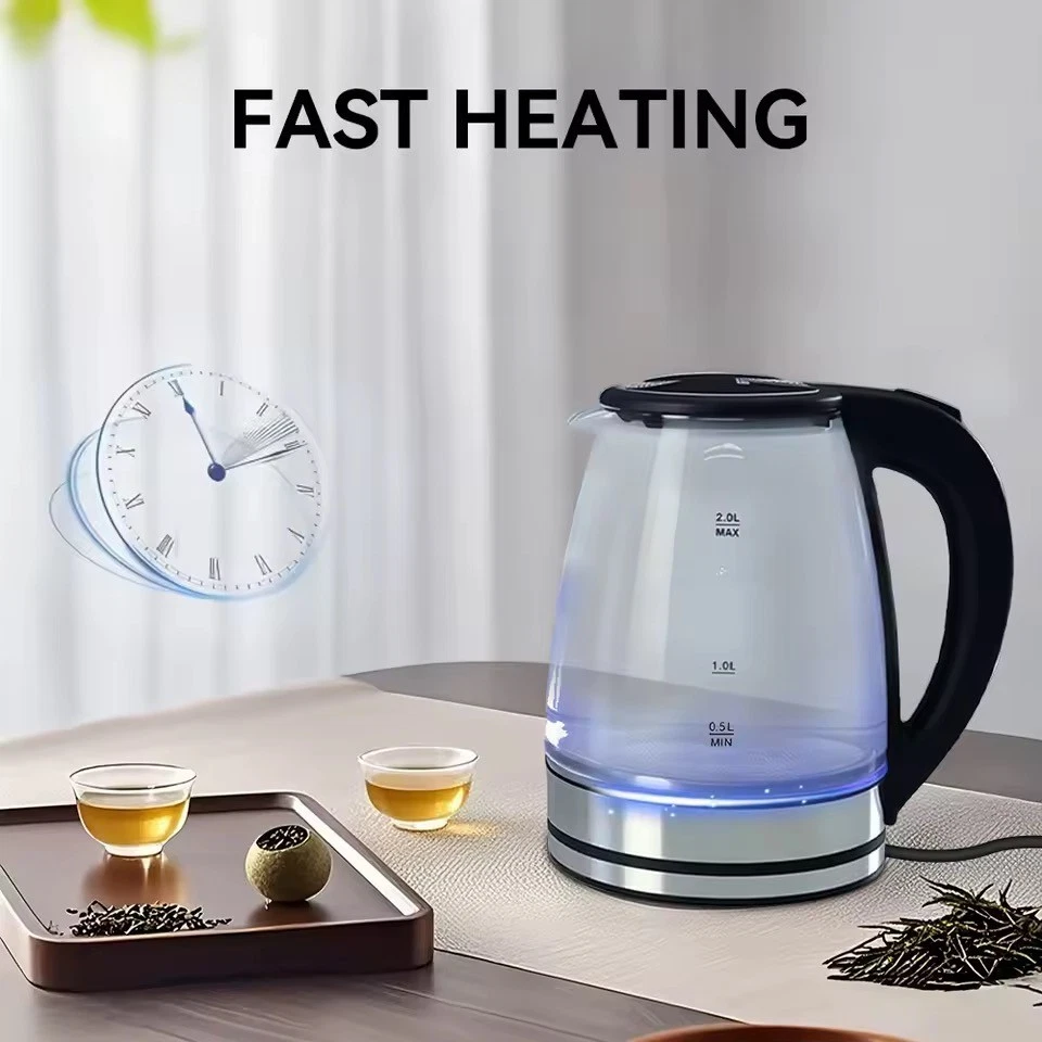 2L Glass Electric Kettle LED Blue Light Fast Boil Auto Shut Off UK Plug