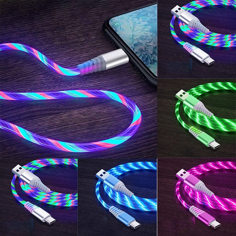 2M LED USB C Fast Charging Cable 3A Flowing Light Type C Cord Samsung Xiaomi