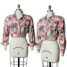 Vintage 1990s Denim Jacket 90s Floral Cropped Jean Jacket