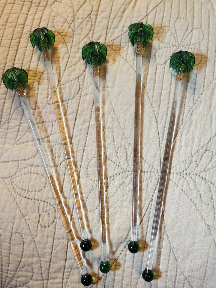 Set Of Five Vintage Hand Blown Palm Tree Glass Swizzle Sticks