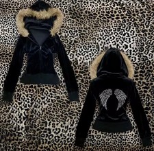 Y2k velour angel wings hoodie fur trim zip jacket womens gothic grunge