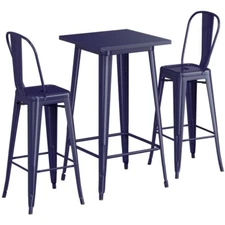 24" Square Navy Metal Restaurant Bar Table Set with 2 Cafe Barstool For Outdoor