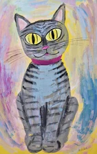 BIG-EYED HYPNOTIC CAT Rosalind Welcher signed original art c60s-70s Panda Prints