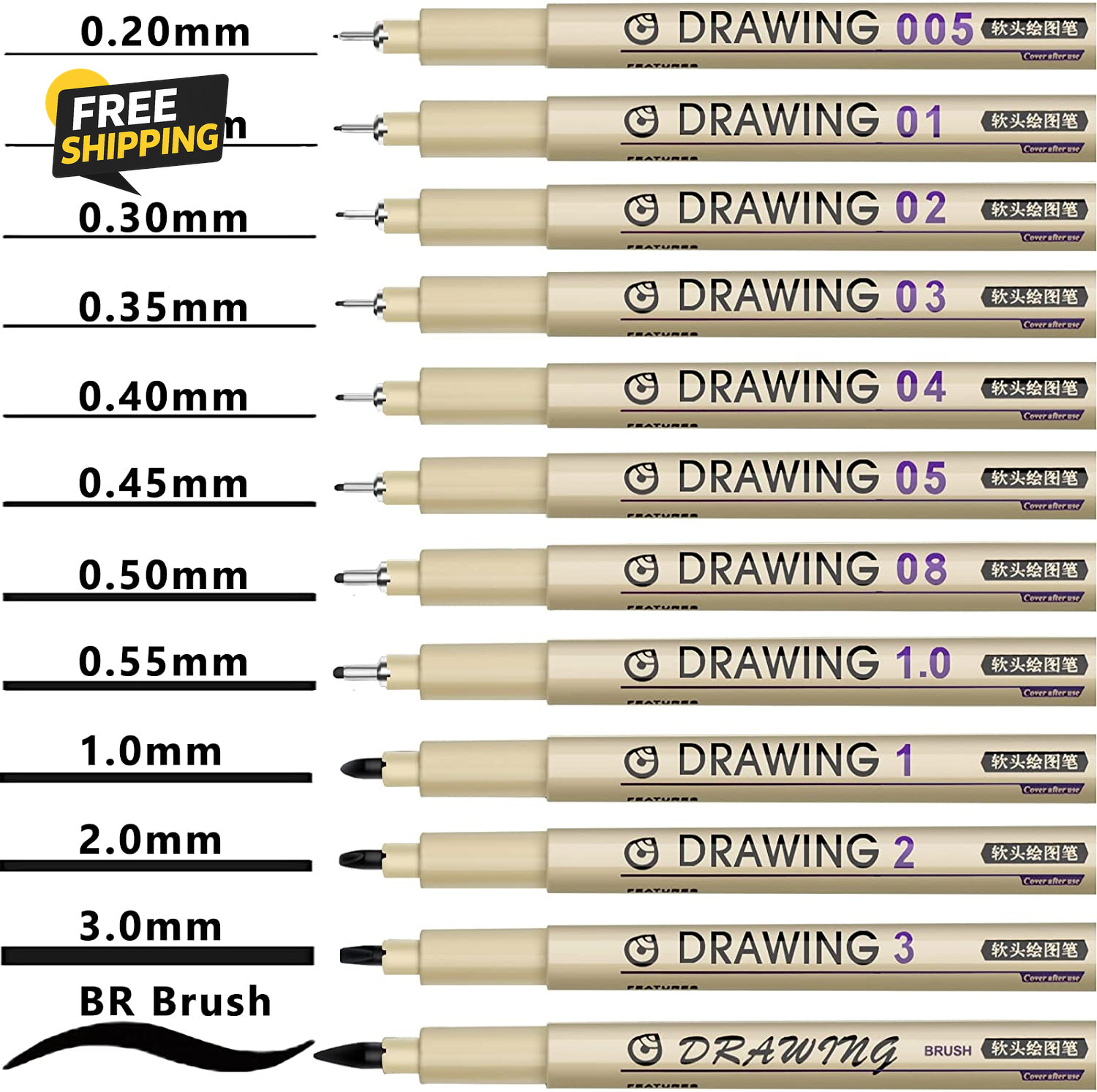 Muchcute Micro Fineliner Drawing Art Pens: 12 Black Fine Line Waterproof Ink Set