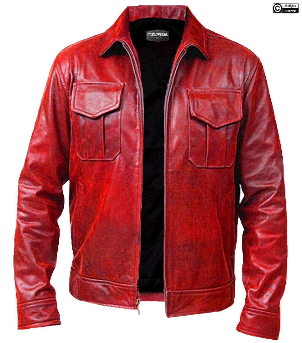 Mens Red Leather Jacket Vintage Biker Motorcycle Cafe Racer 100