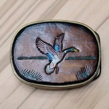 Vintage Belt Buckle Flying Mallard Ducks Leather Brass 1983 Baron Buckles