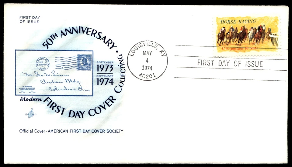 1974 Horse Racing FDC 50th Anniversary Cover Collecting ArtCraft Cachet-Blue - Image 3 of 4