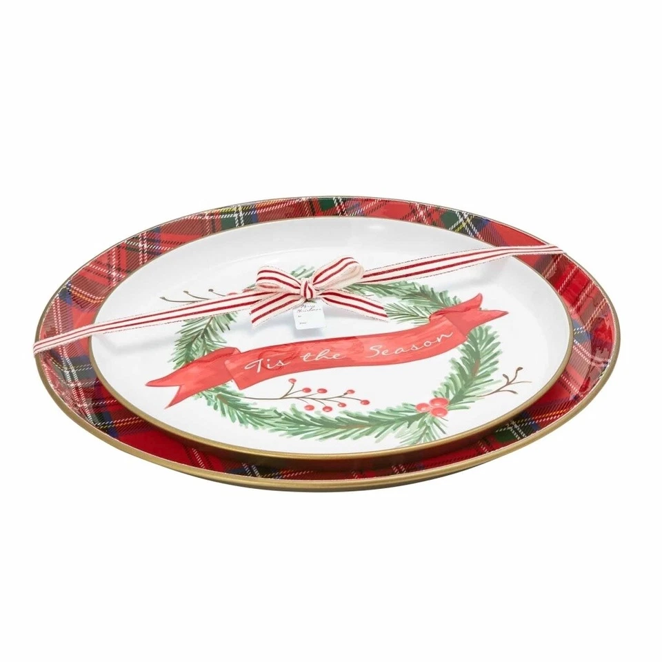Mud Pie H0 Tartan Christmas Holiday Metal Tray 2pc Set 40700296 - Image 2 of 2