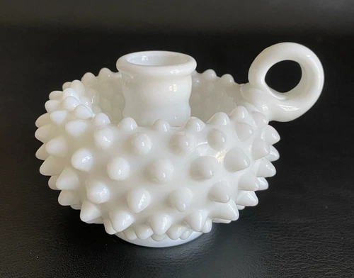 Vintage Fenton Glass Hobnail Milk Glass Candle Finger Loop Candlestick 1961