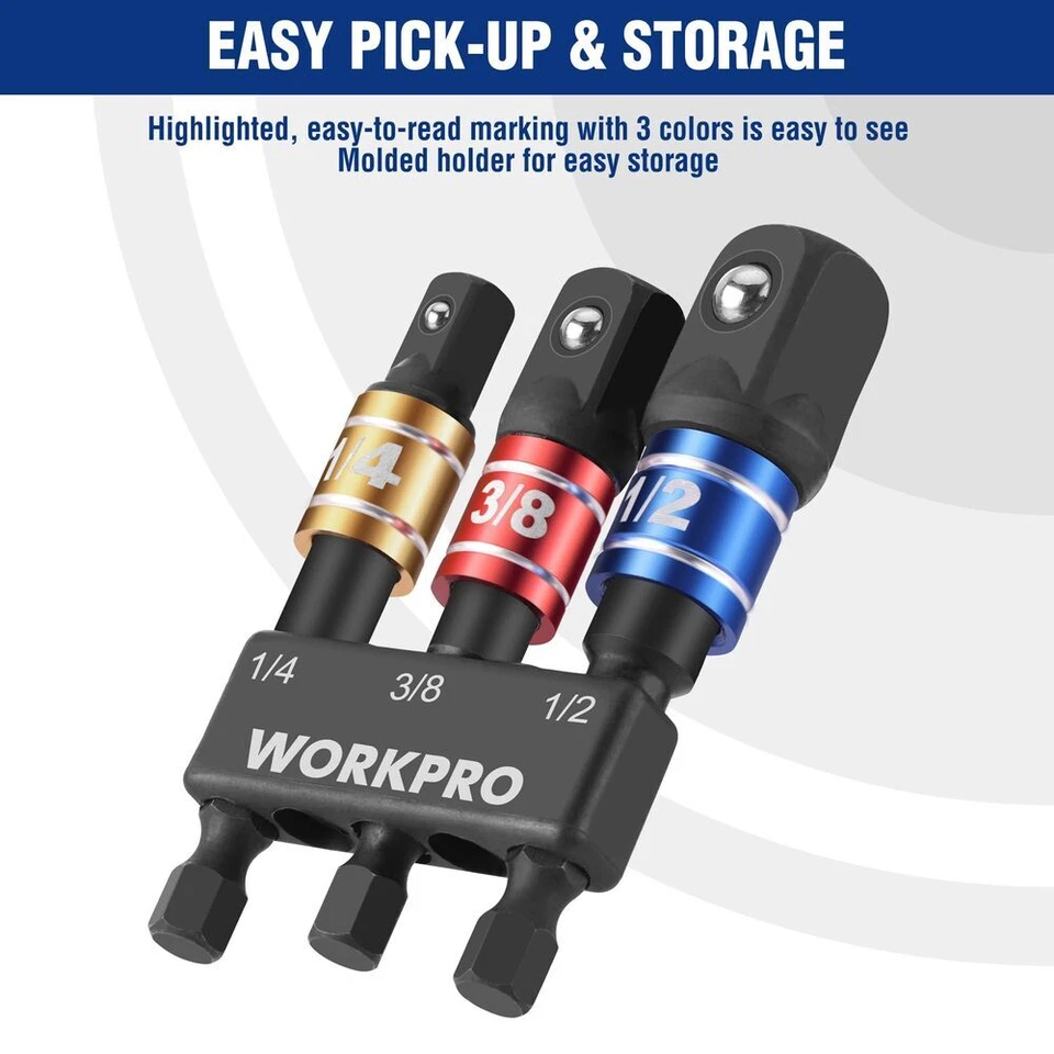 WORKPRO Impact Grade Socket Adapter Set, 1/4", 3/8", & 1/2" Extension Drive Bit - Image 4 of 4