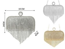 Borsa elegante pochette clutch strass a frange con anello di strass oro argento