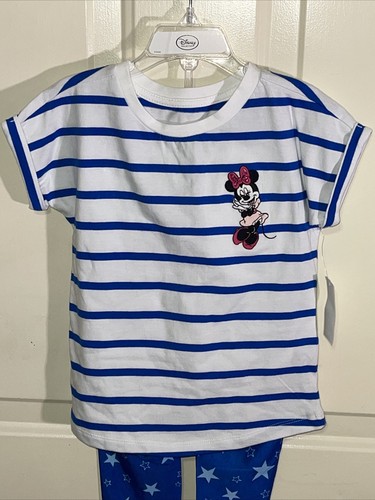 NWT GIRLS MINNIE MOUSE PAJAMAS 2 PC SET , BLUE WHITE SIZE 4 STARS STRIPES PINK - Picture 2 of 8