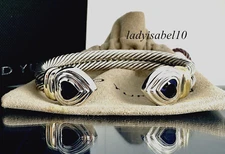 David Yurman 14k Gold Silver Amethyst Heart Double Cable Cuff Bracelet 6.5"