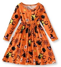 Cute Pretty Girls Halloween Dress Orange Witches and Black Cats A-Line Fun