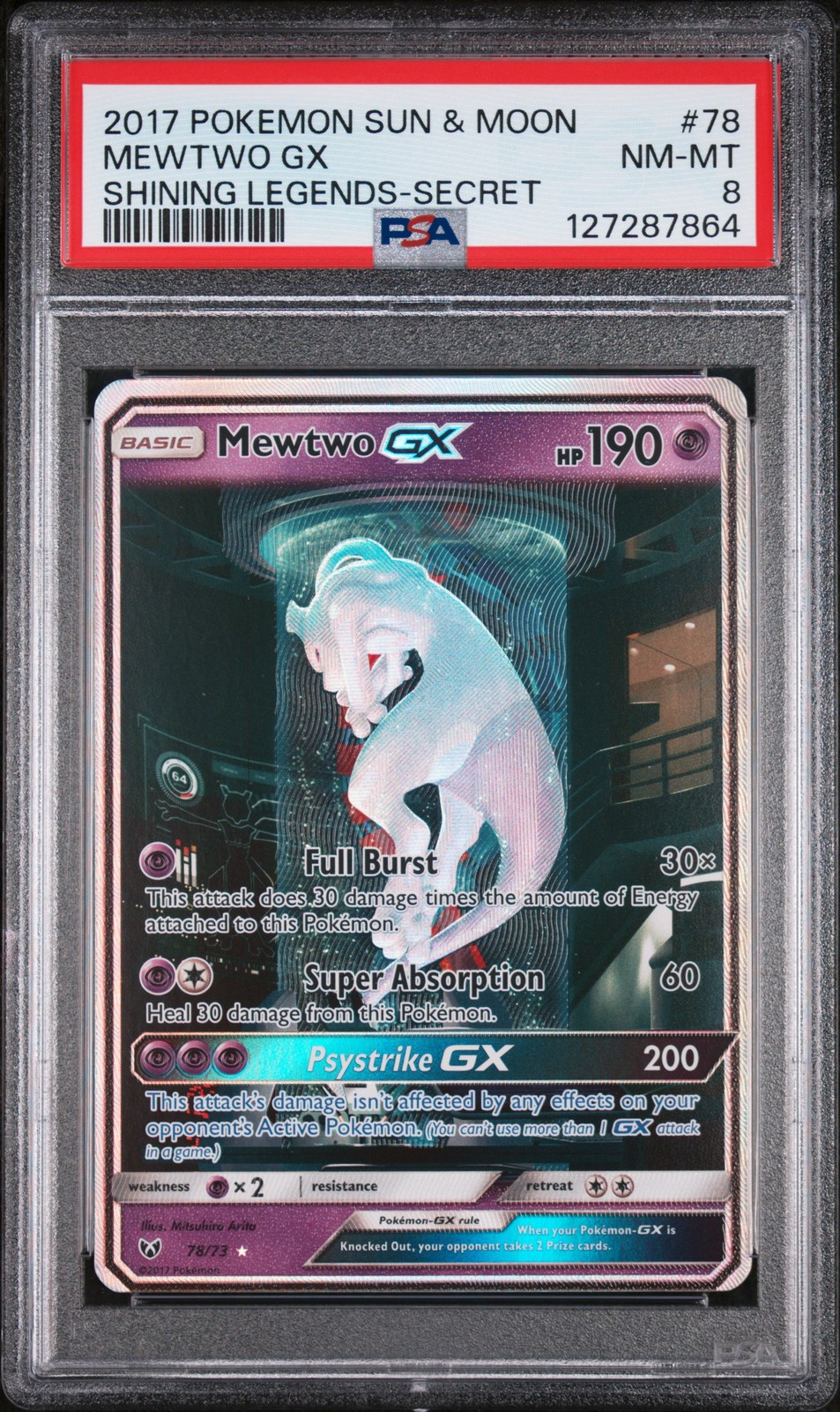 2017 POKEMON SUN & MOON SHINING LEGENDS SECRET #78 MEWTWO GX PSA 8
