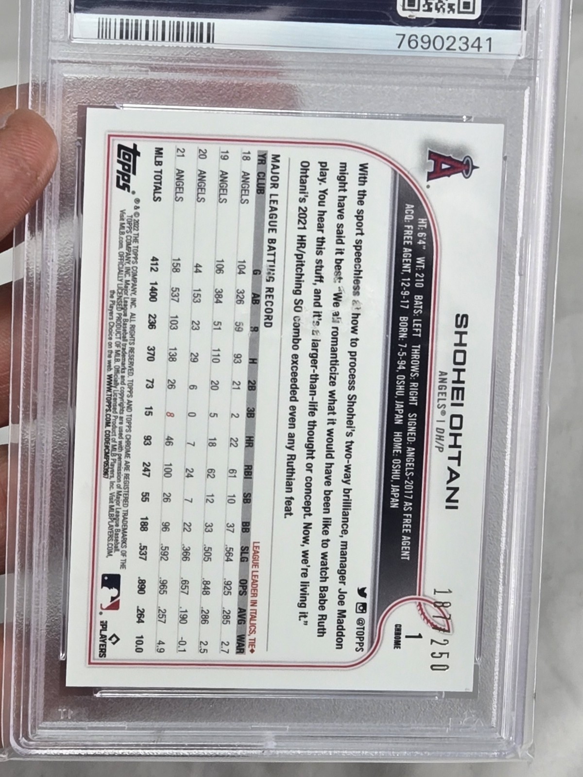SHOHEI OHTANI PSA 10 2022 TOPPS CHROME #1 PURPLE REFRACTOR 187/250 ANGELS view 10