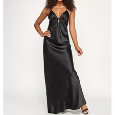 Seni & Cade Satin Back Tie Plunge VNeck Keyhole Long Black Gown Dress Juniors XS