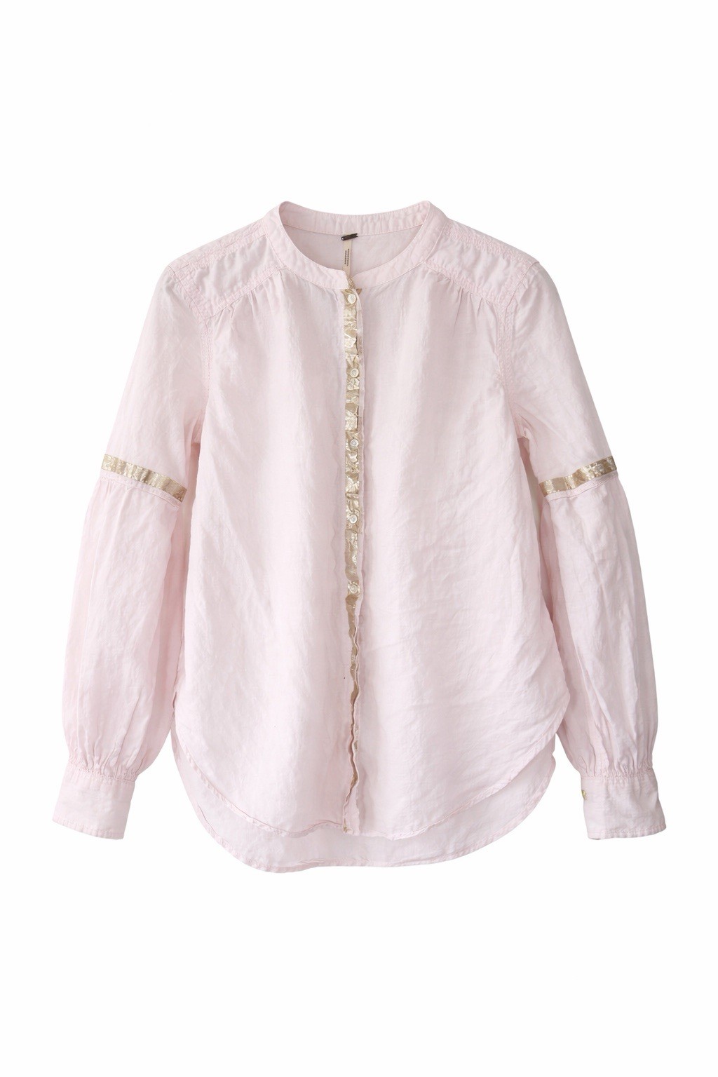✿ Free People Pink Cotton Boho Blouse Gold Trim Button Front XS Lightweight Top