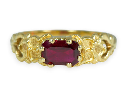 Modern Solid 9ct Yellow Gold Emerald Cut Natural Red Ruby Dress Ring Size 7 N 54