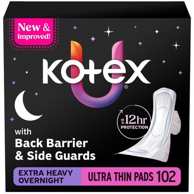 Kotex Ultra Thin Overnight Pads with Wings, Extra Heavy Absorbency, 102 Count...