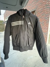Vintage 90 s Adidas Puffer Hooded Jacket Black Small Full Zip Nylon Lined