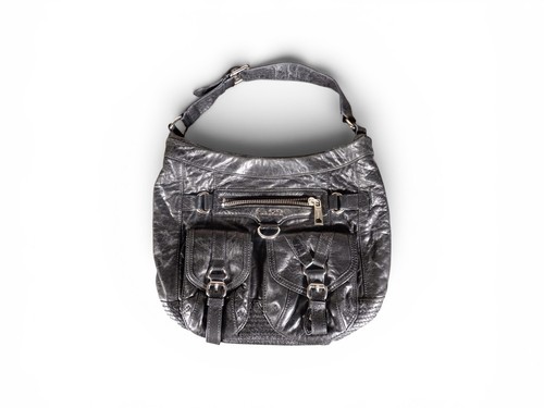 L.A.M.B. by Gwen Stefani Metallic Silver Crinkled Leather Hobo Shoulder Bag Y2K