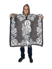 MEXICAN PONCHO WITH HOOD, SAN JUDAS , SAINT JUDE , BLANKET, ONE SIZE, BROWN