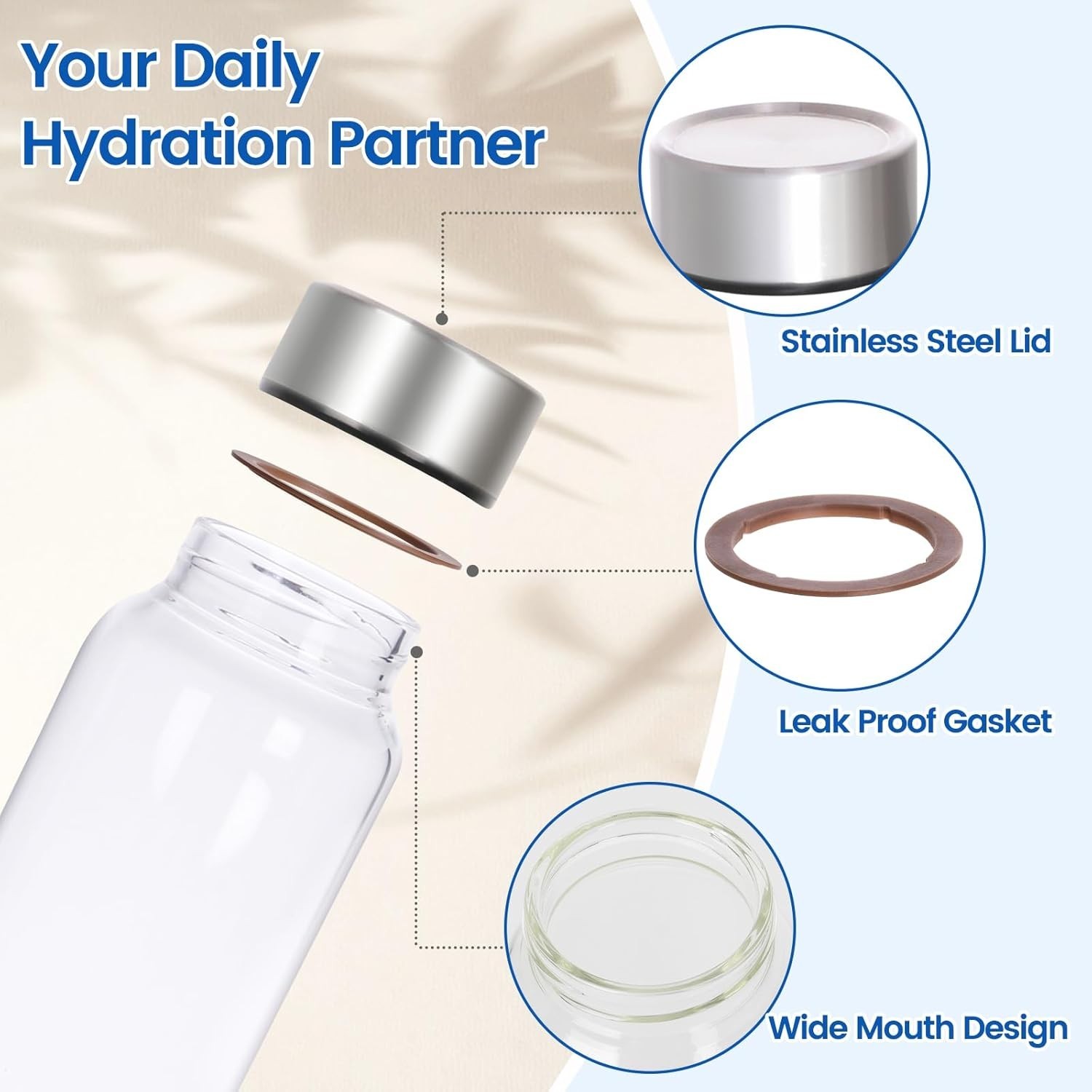32 oz Borosilicate Glass Water Bottle, 1 Liter Leak-Proof with Neoprene Sleeve