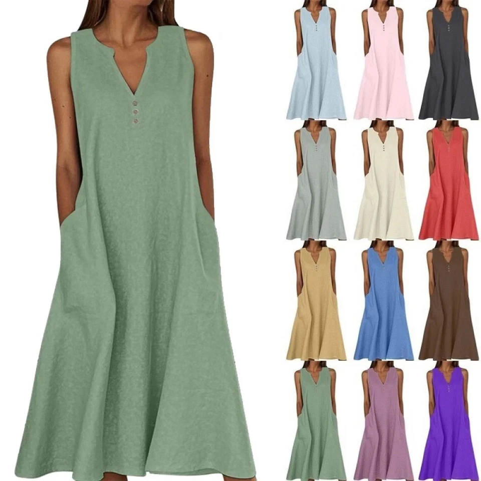Women Cotton Linen Sleeveless Maxi Dress Ladies Summer Casual Solid V Neck Dress - Image 1 of 4
