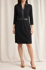 Talbots Sheath Dress 6P Petite Black Faux Leather Trim Knit V-Neck 3/4 Sleeve