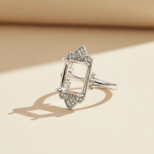 925 Sterling Silver 12x10mm Emerald Cut Semi Mount Ring Setting Art Deco Design