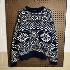 Vintage Knit Sweater Womens XL Blue White Nordic Fair Isle Snow Snowflake Heavy