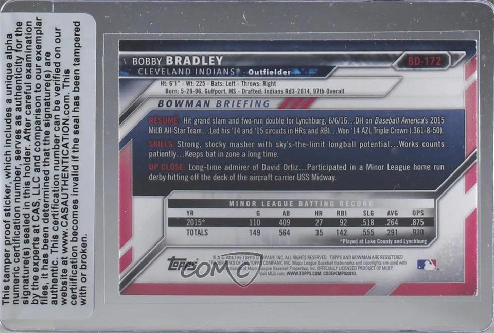 CAS Certified 2016 Bowman Draft Top Prospects Bobby Bradley #BD-172 Sealed Auto - Image 2 of 2