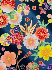 Japanese Cotton Fabric Floral Fan Pattern Black Multicolor Gold 2m Made in Japan