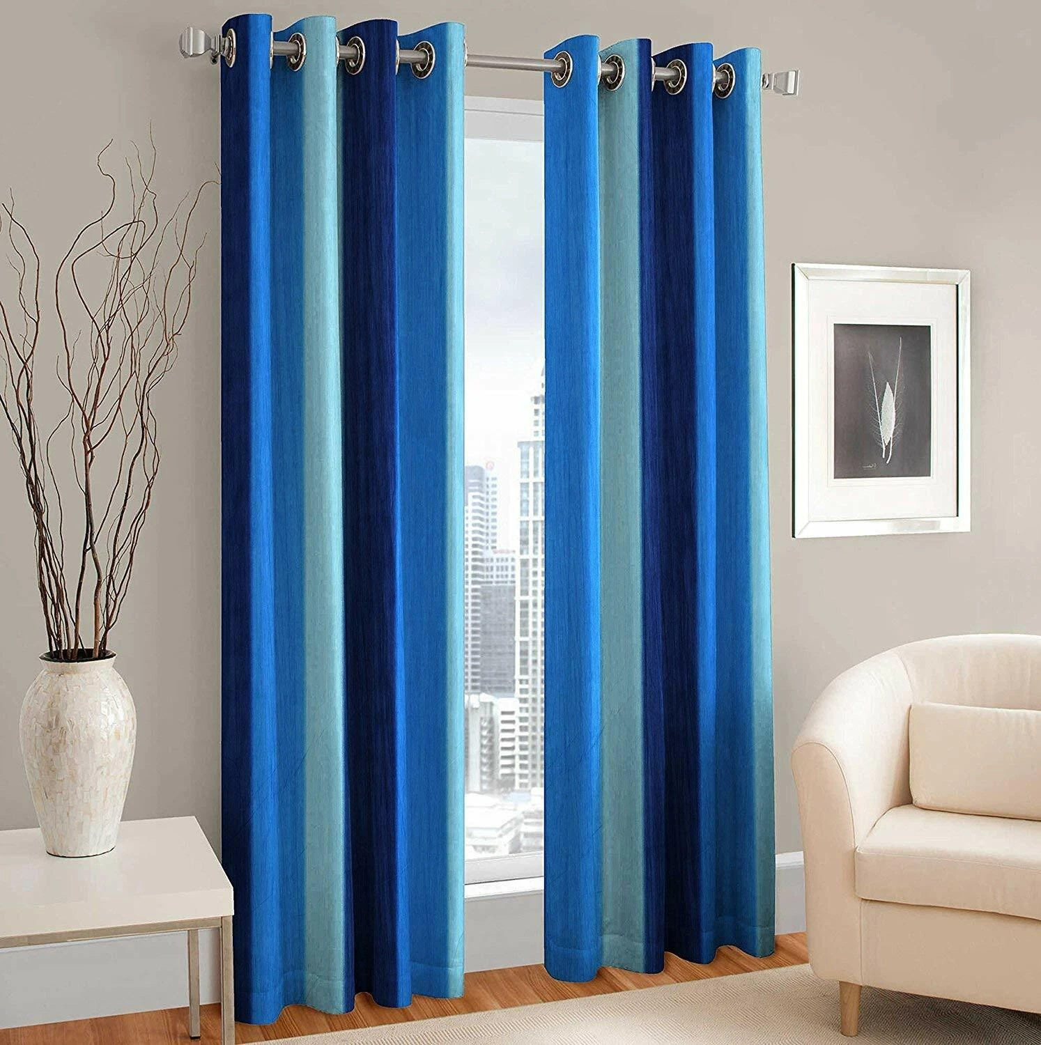 New 2 Piece Eyelet Long Crush Door Curtain Set - 9 feet Blue