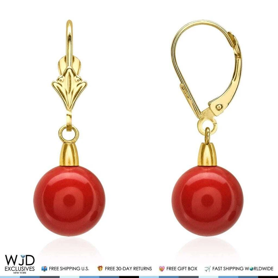 Pendientes colgantes de oro amarillo de 14 quilates de 1" de coral rojo con forma de bola de 9 mm Foto 2 de 4
