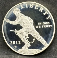 2012-W Proof Infantry Soldier Commemorative 90% Silver Dollar, Case, Box, COA