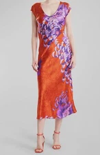 $895 Josie Natori Women's Orange Sumida Floral-Print Cap-Sleeve Slip Dress Sz L